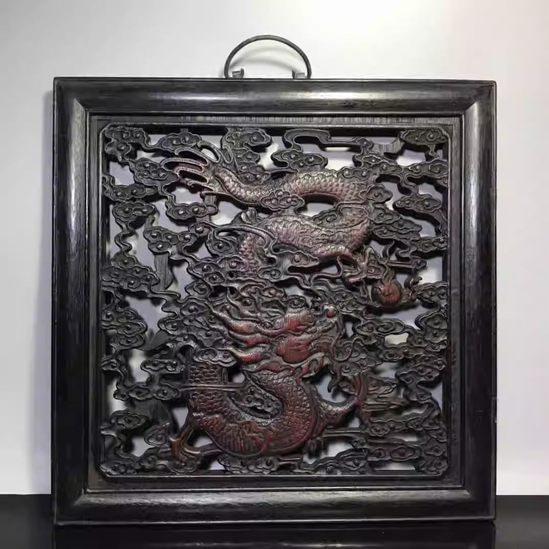 Sandalwood carved plaque featuring an intricately sculpted auspicious dragon (1 of 5)