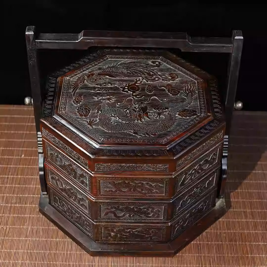 Rosewood carved octagonal food box with dragon and phoenix motif (1 of 5)