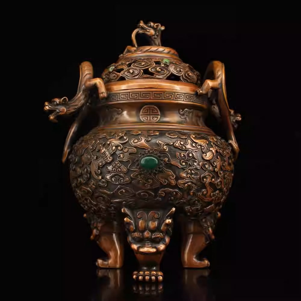 Pure copper incense burner with three legs, dragon-shaped handles, and inlaid gemstones: Height: 23 cm, Width: 18 cm, weight 1980 grams.