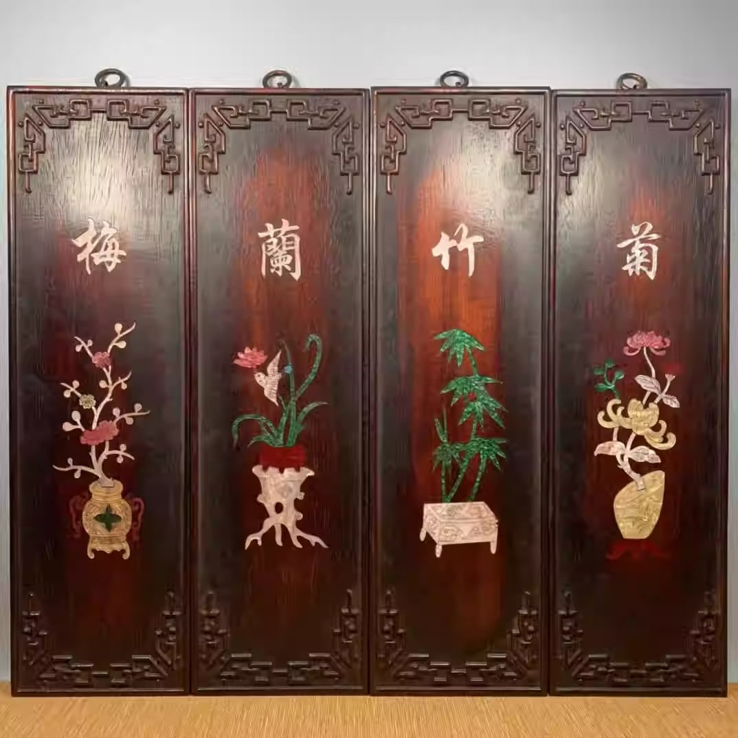 Four sandalwood hanging screens inlaid with colorful seashells depicting plum blossoms, orchids, (1 of 5)