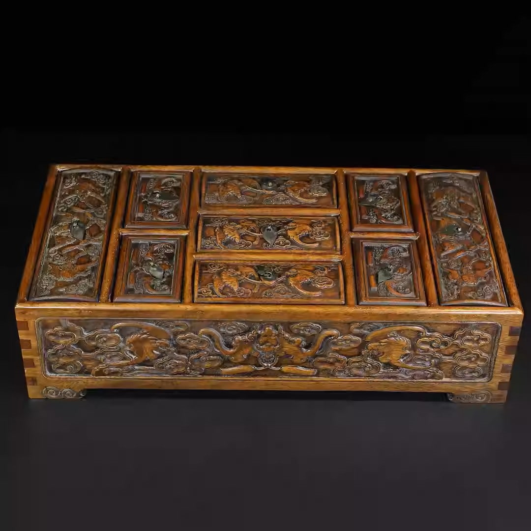Rosewood carved nine-compartment treasure box (1 of 5)