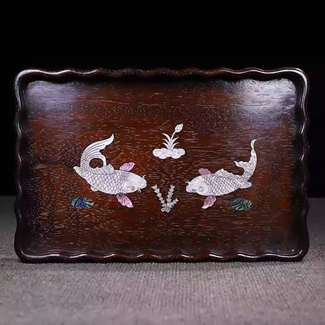 Sandalwood tea tray inlaid with colorful seashells, featuring a "fish every year" motif. (1 of 5)