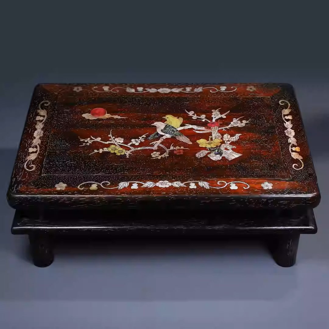 Rosewood tea table inlaid with mother-of-pearl floral and bird motifs (1 of 5)