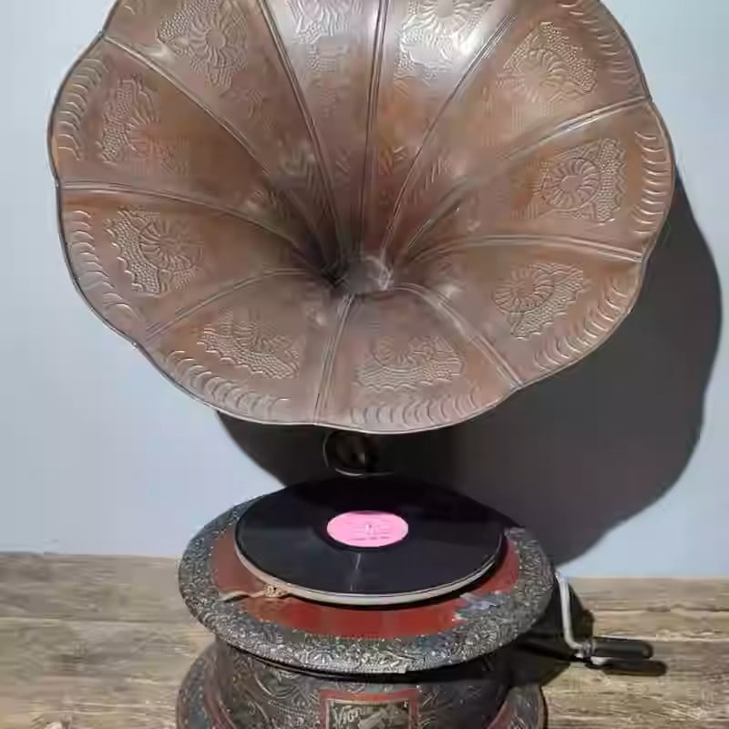 Solid wood, copper-plated, hand-cranked phonograph (1 of 5)
