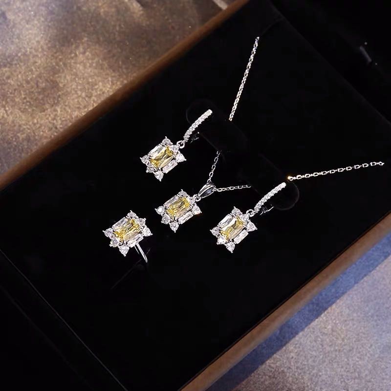 925 Silver Yellow Gem Pendant Earrings and Ring Three-Piece Set (1 of 6)