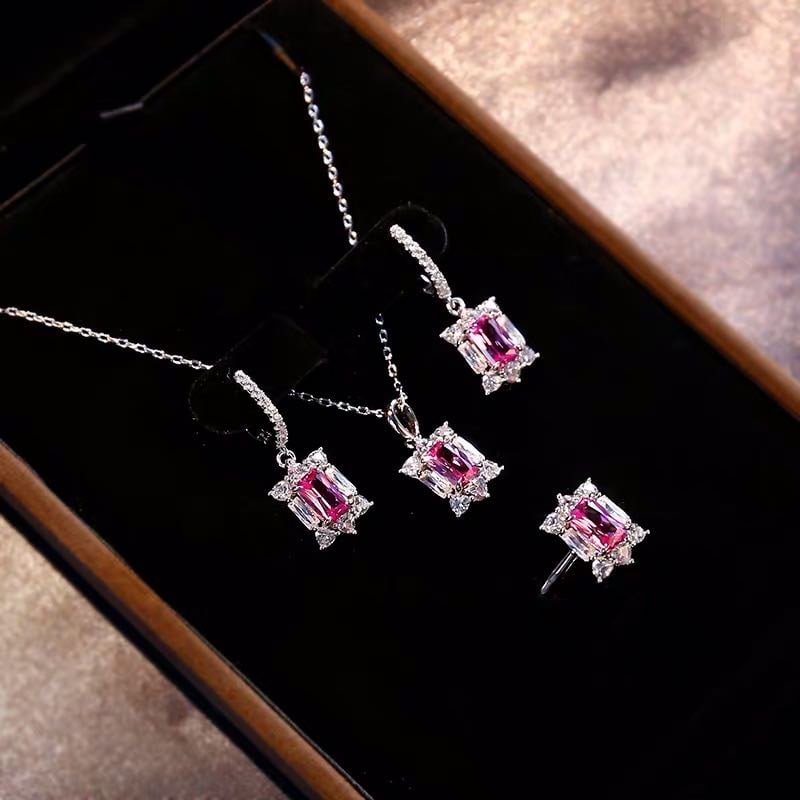 925 Silver Ruby Pendant Earrings and Ring Three-Piece Set: 925 Silver Ruby Pendant Earrings and Ring Three-Piece Set ****** Metal: 925 Silver / Main Stone: Ruby / Color: Red / Pendant Size: 10*15mm / Length : 45cm / Earring Size: 10*30mm / Ring Size: 10*15mm