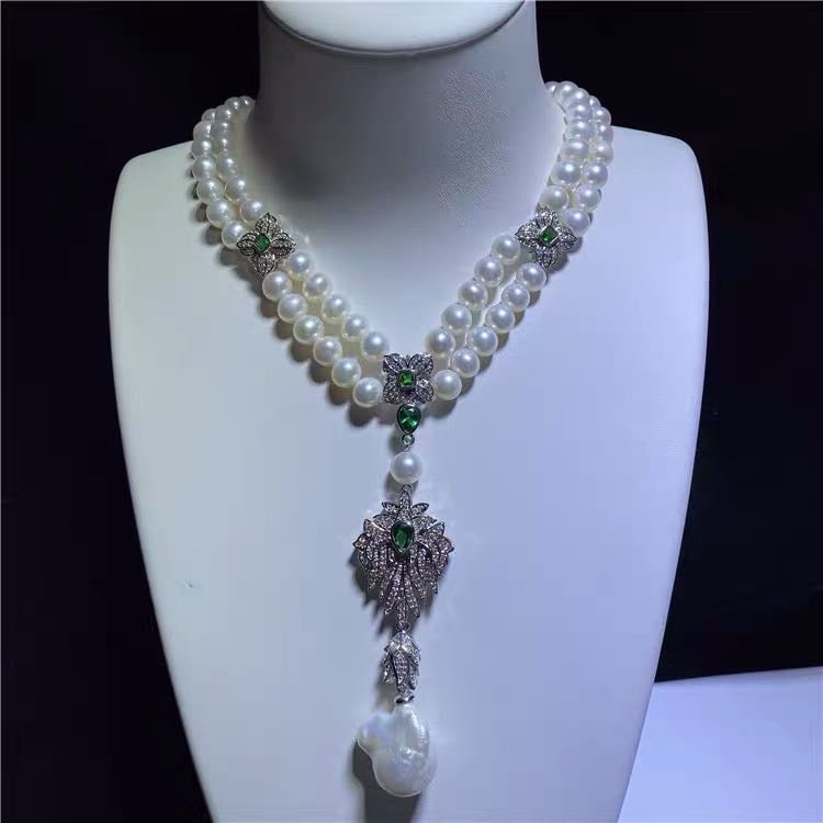 Natural Pearl Necklace Embeded Emerald 925 Silver Pendant (1 of 3)