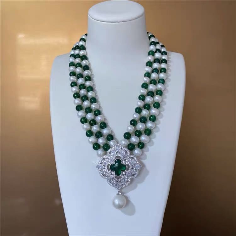 Natural Pearl Green Agate Necklace 925 Silver Pendant (1 of 4)