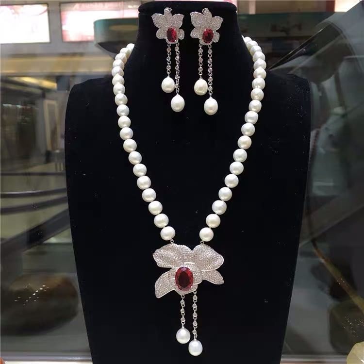 Natural Pearl Necklace Embeded Ruby 925 Silver Pendant And Earrings Two-Piece Set (1 of 4)