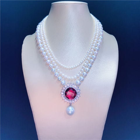 Natural Pearl Necklace Embeded Ruby 925 Silver Pendant (1 of 4)
