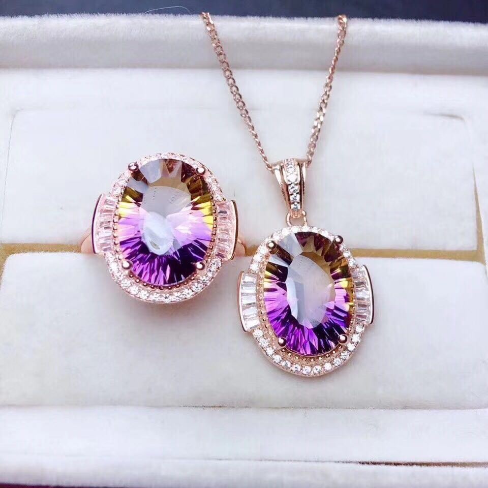925 Silver Crystal Pendant And Ring Two-Piece Set: 925 Silver Crystal Pendant And Ring Two-Piece Set ****** Metal: 925 Silver / Main Stone: Crystal / Color: Purple Yellow / Main Stone Size: 10*14mm