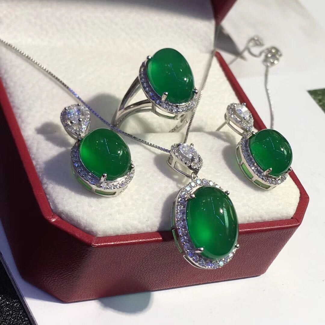 925 Silver Jade Necklace Earrings and Ring Three-Piece Set (1 of 3)