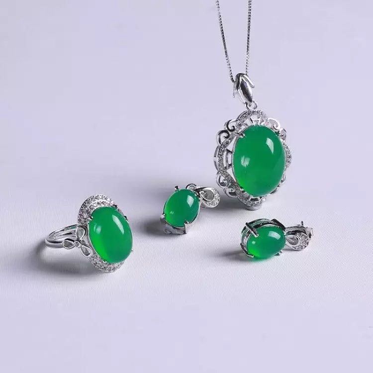 925 Silver Jade Necklace Earrings and Ring Three-Piece Set (1 of 3)
