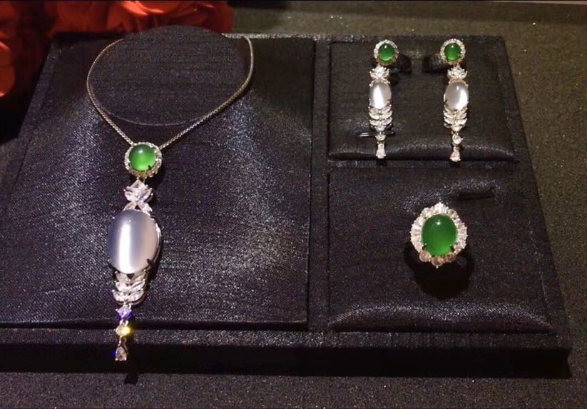 925 Silver Jade Necklace Earrings and Ring Three-Piece Set (1 of 3)