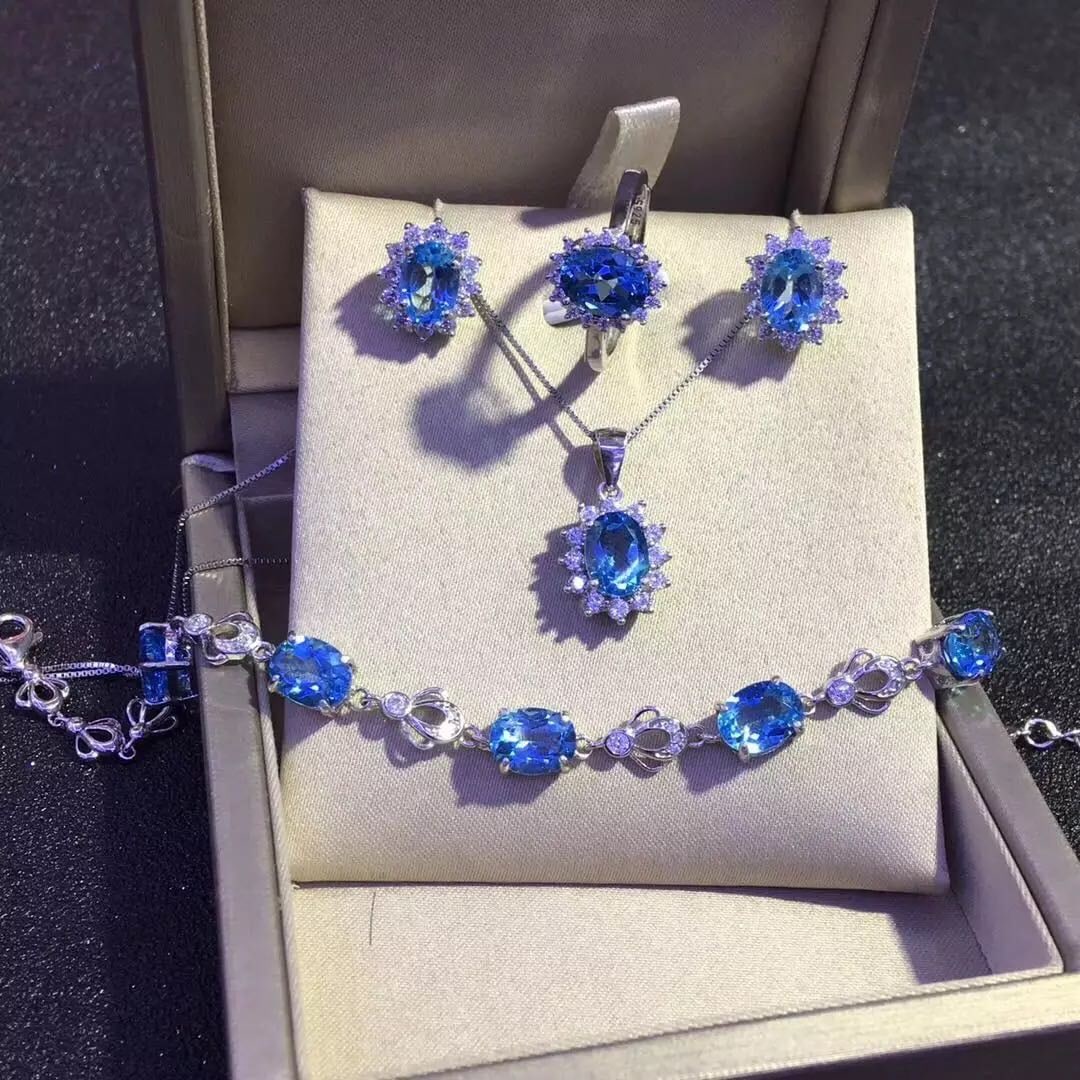 925 Silver Topaz Necklace Earrings Ring and Bracelet Four-Piece Set: 925 Silver Topaz Necklace Earrings Ring and Bracelet Four-Piece Set ****** Metal: 925 Silver / Main Stone: Topaz / Color: Blue / Main Stone Size: 6*8mm