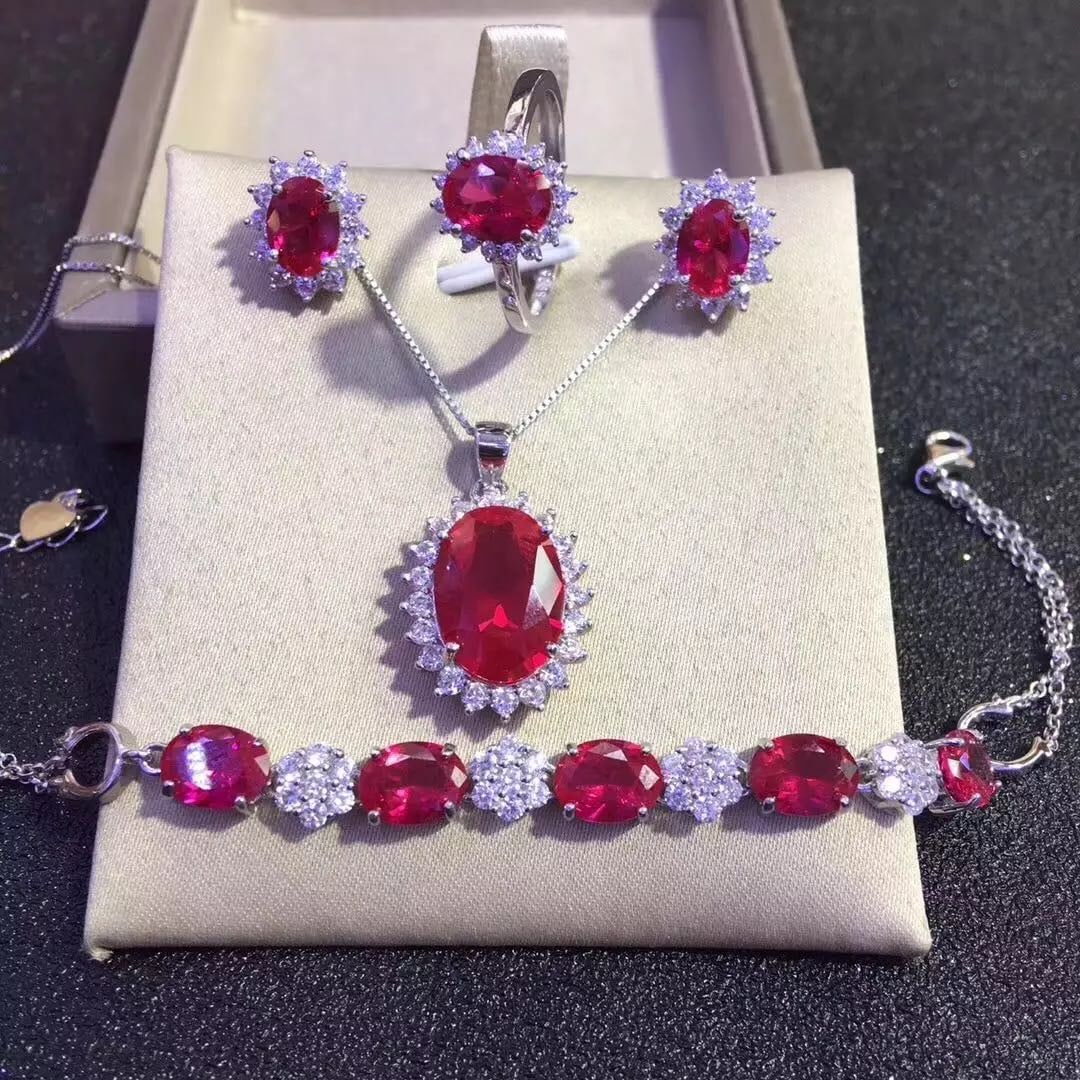 925 Silver Ruby Necklace Earrings Ring and Bracelet Four-Piece Set (1 of 4)