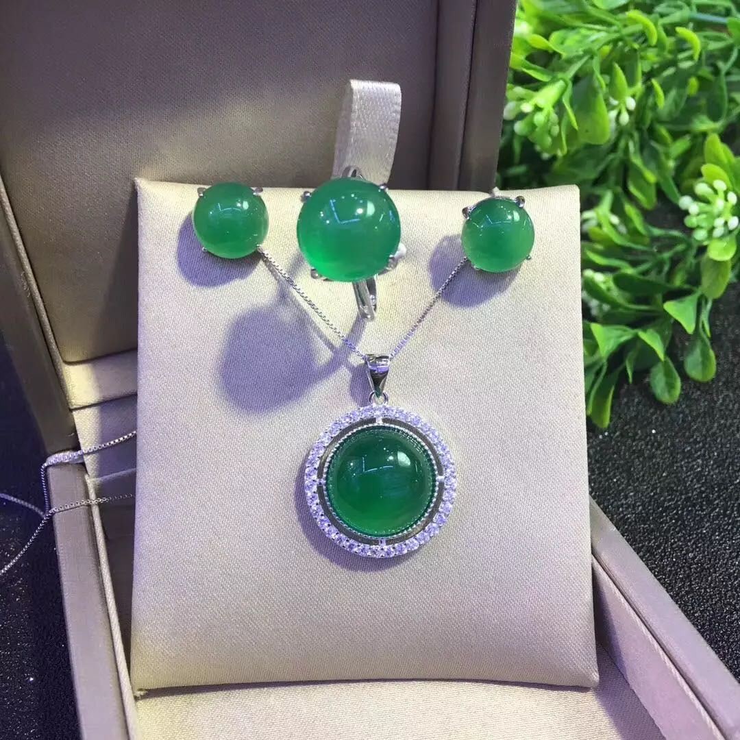 925 Silver Jade Necklace Earrings and Ring Three-Piece Set (1 of 5)