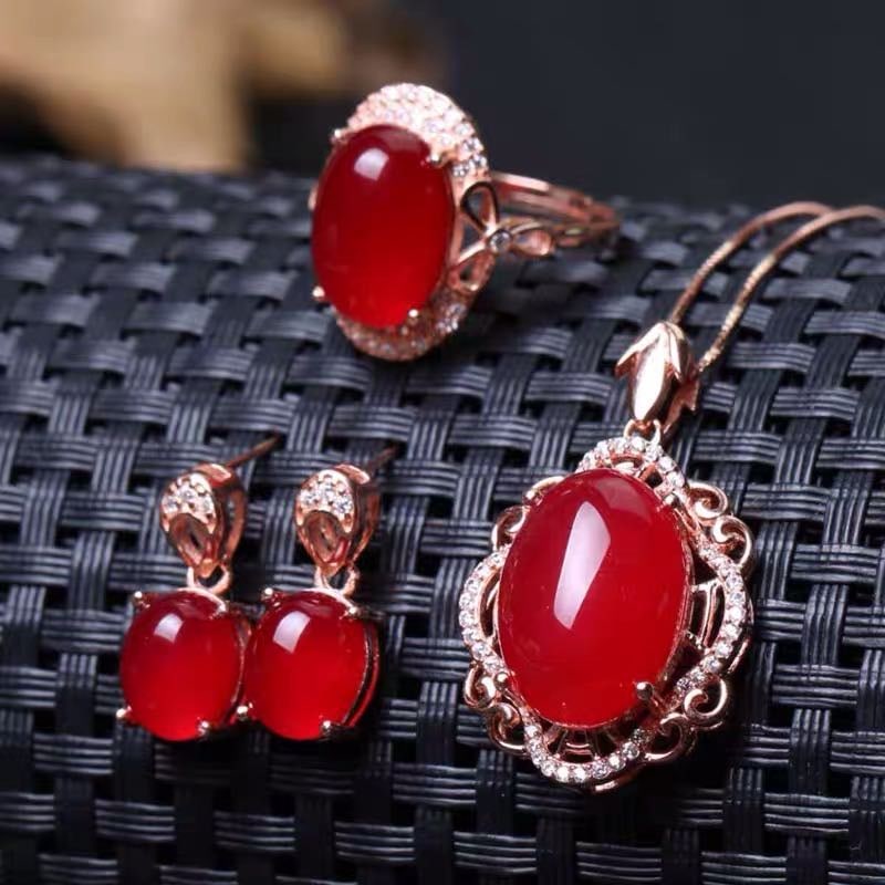 925 Silver Jade Necklace Earrings and Ring Three-Piece Set (1 of 3)