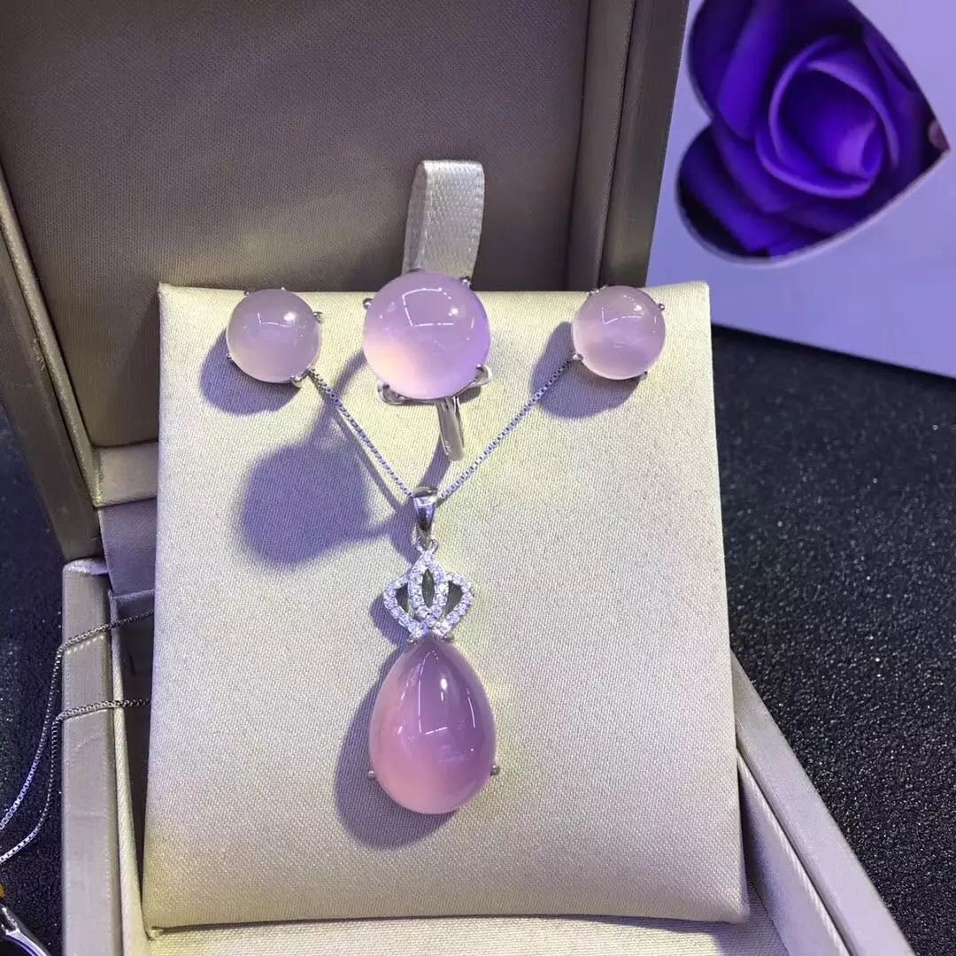 925 Silver Jade Necklace Earrings and Ring Three-Piece Set: 925 Silver Jade Necklace Earrings and Ring Three-Piece Set ****** Metal: 925 Silver / Main Stone: Jade / Color: Pink