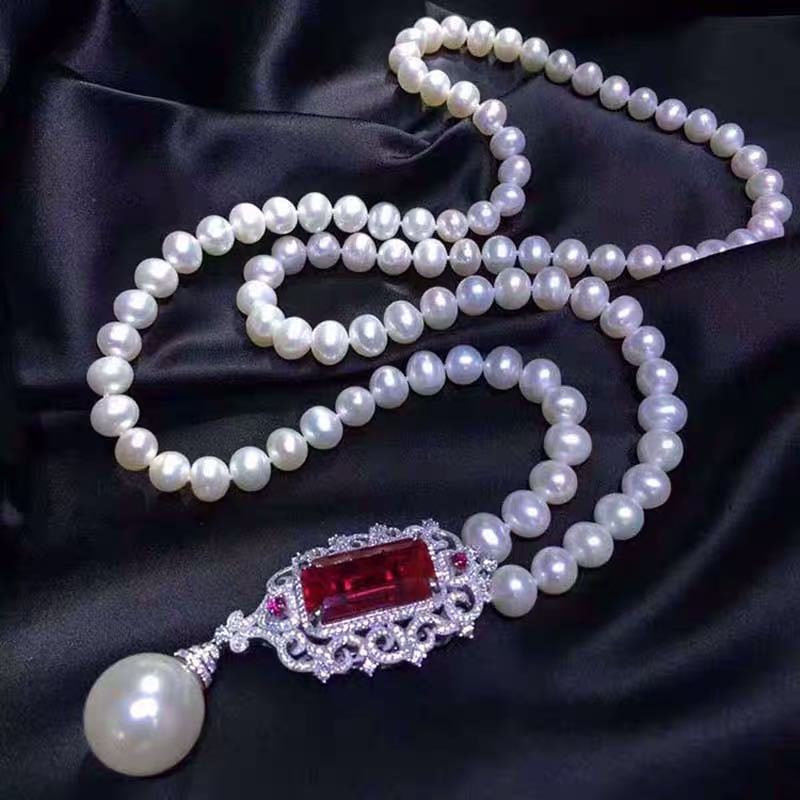 Natural Pearl Necklace Embeded Ruby 925 Silver Pendant: Natural Pearl Necklace Embeded Ruby 925 Silver Pendant ****** Metal: Natural Pearl / Color: White / Pearl Diameter 11mm, Necklace Length 90mm