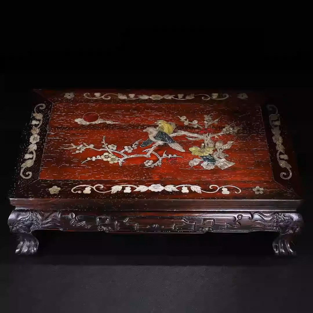 Red sandalwood tea table inlaid with colorful seashell patterns of flowers and birds: Dimensions: Length 41cm, Width 25cm, Height 12cm