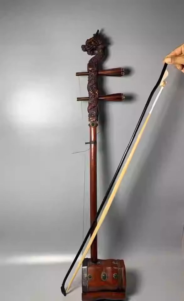 Rosewood erhu with dragon head design and inlaid emeralds (1 of 5)