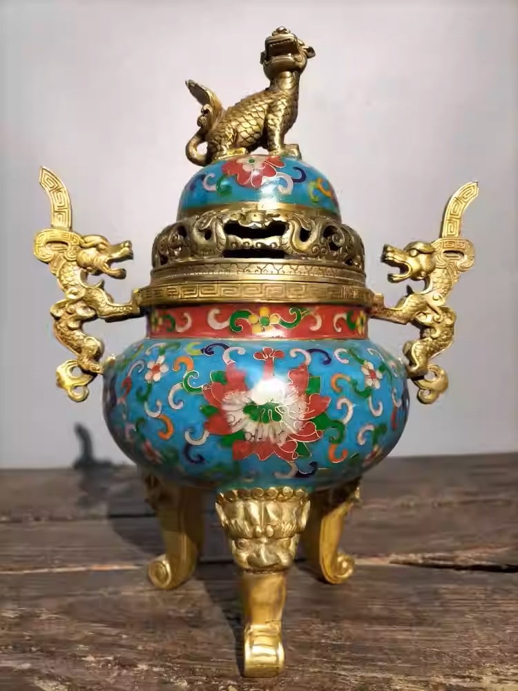 Pure copper cloisonné enamel incense burner with three animal-shaped feet, double dragon handles,: Dimensions: Length 22cm, Width 13cm, Height 29cm Weight: 2390g