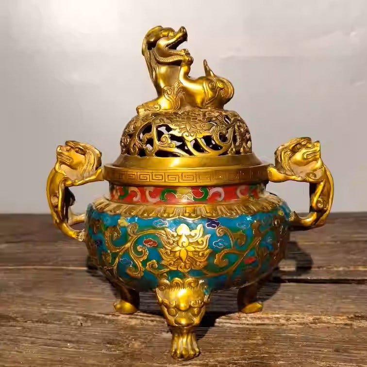 Pure copper cloisonné enamel tripod incense burner with dragon and lion motifs and double handles (1 of 5)