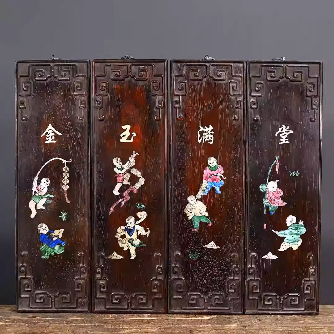 A set of four rosewood screens inlaid with mother-of-pearl, depicting a scene of prosperity and: Length 15 cm, height 50 cm, thickness 2.5 cm, weight 5410 grams.