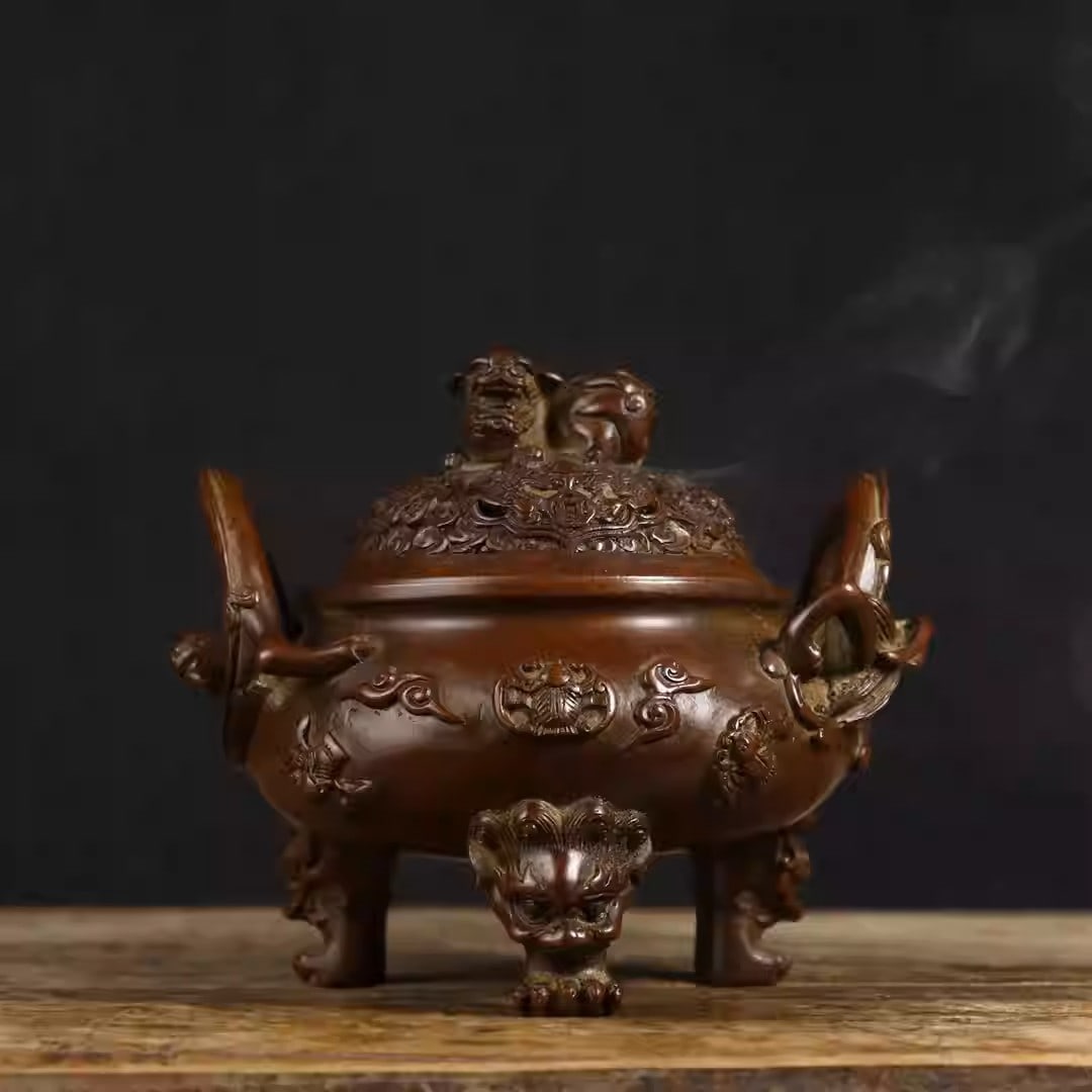 Pure copper incense burner with dragon-shaped handles, Pixiu (mythical creature) lid, and (1 of 5)