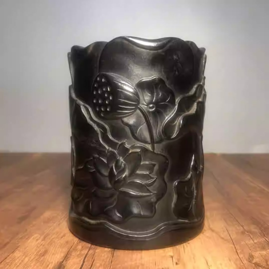 Sandalwood pen holder with carved lotus flower design: Diameter 12 cm, Height 14.5cm
