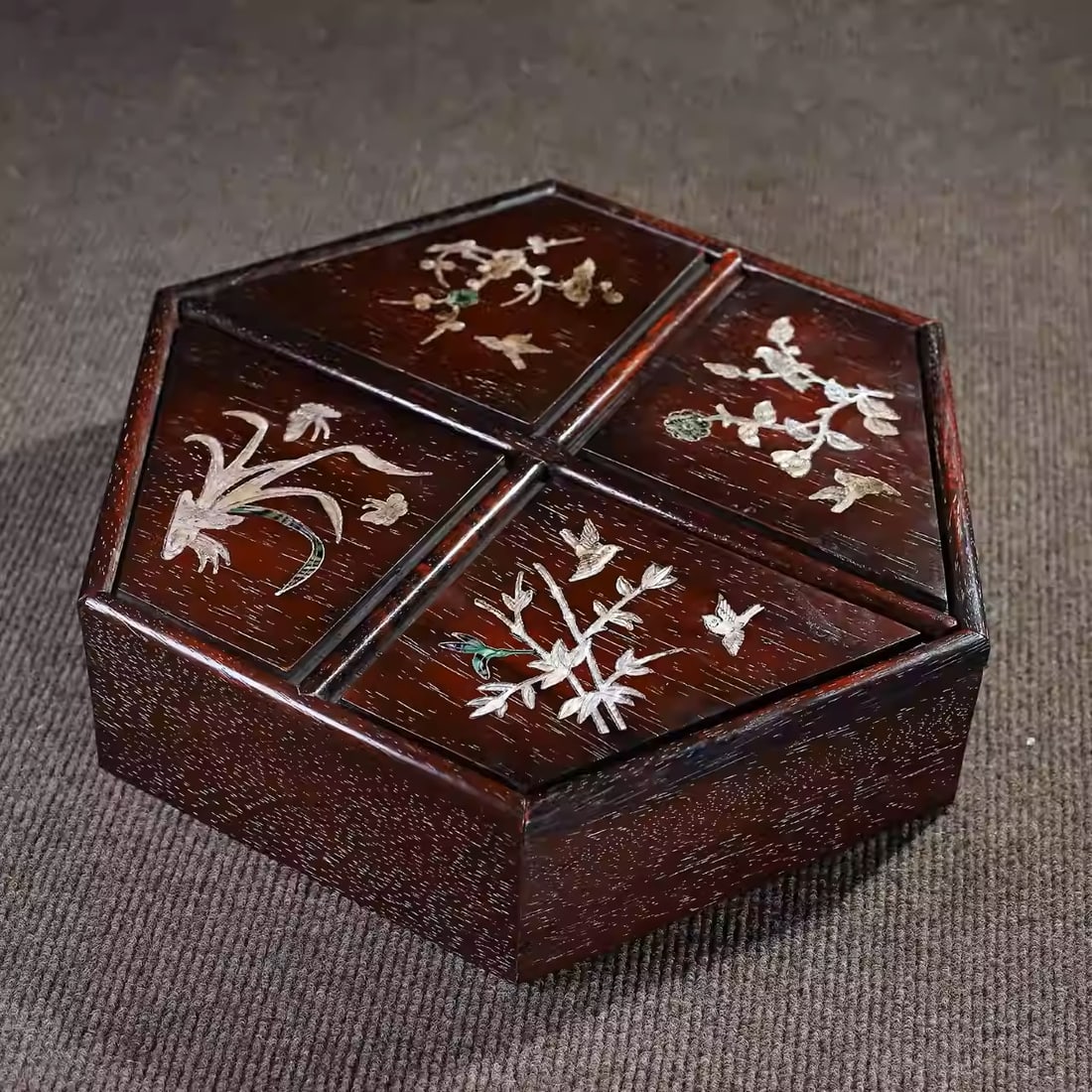 Rosewood box inlaid with mother-of-pearl depicting plum blossoms, orchids, bamboo, and: Dimensions: Length 34cm, Width 30cm, Thickness 8cm