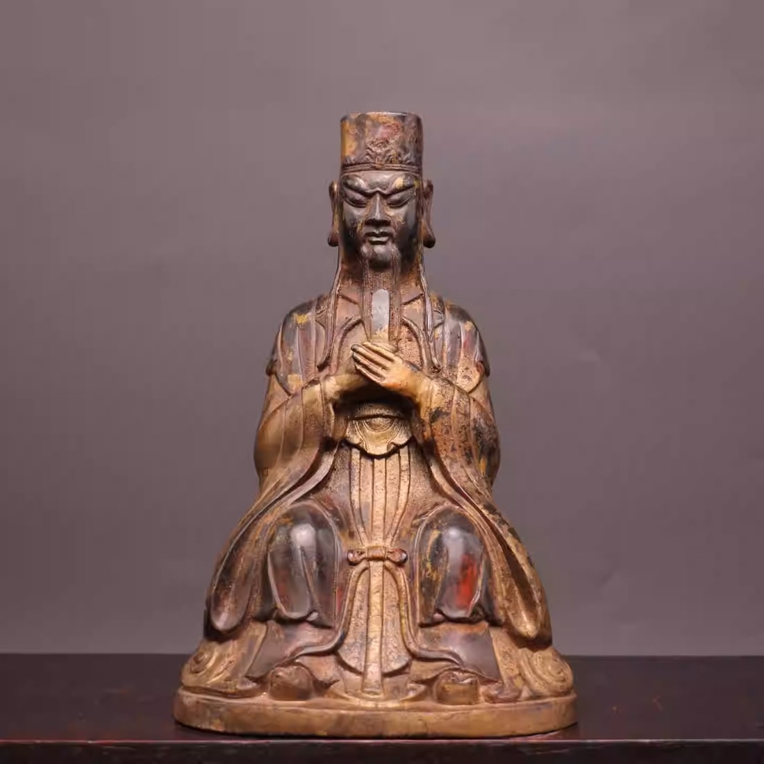 Pure copper gilded cinnabar Buddha statue [Civil Official] ornament: Dimensions: Length 15.5cm, Width 11cm, Height 24cm, Weight: 1910g