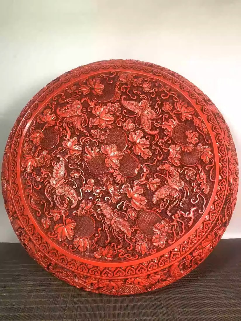 Carved red lacquer box ornament: Dimensions: Diameter 39.5cm, Height 18cm Weight: 4390g