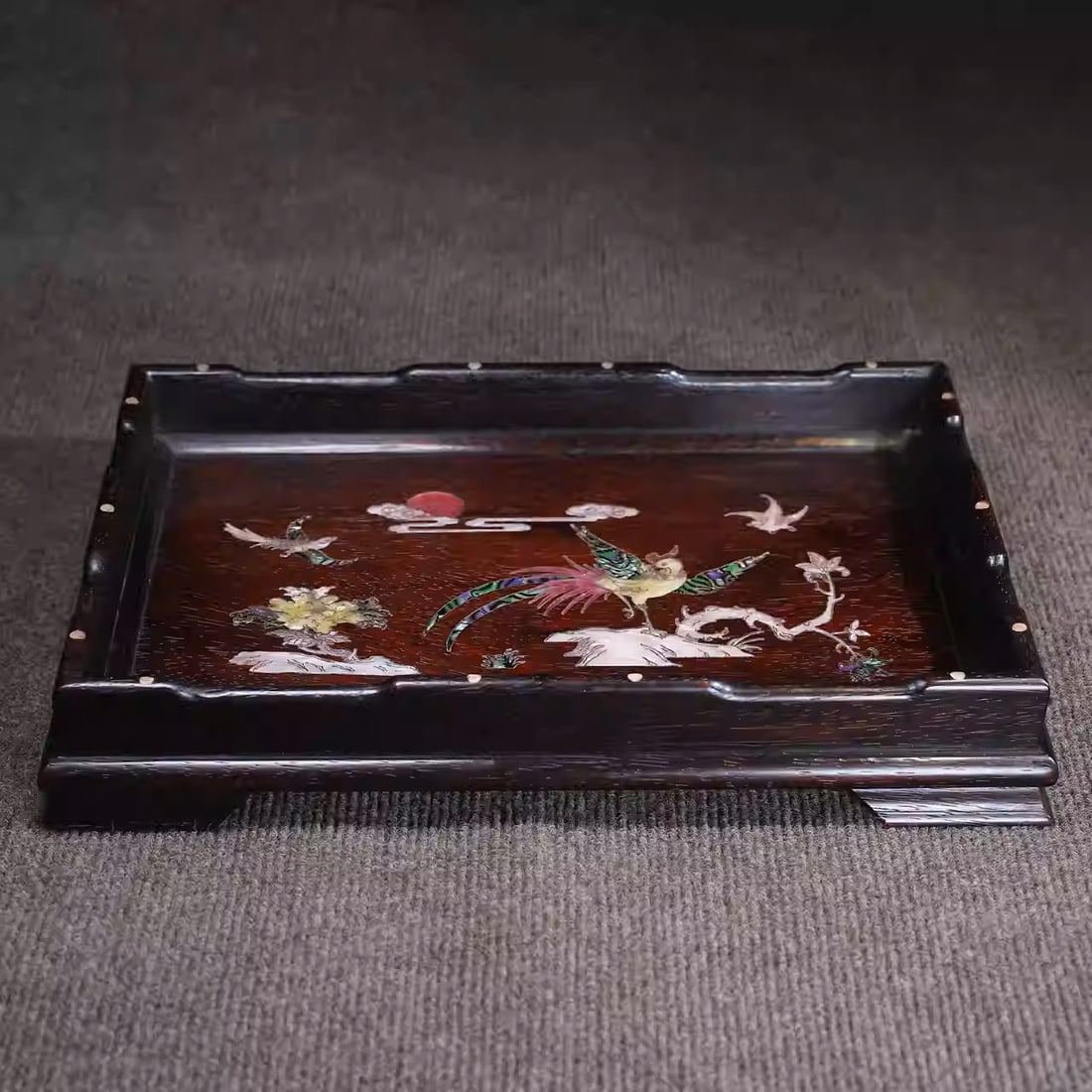 Rosewood Tea Tray Inlaid with Seashells and Featuring Magpies and Plum Blossoms: Dimensions: Length 36cm, Width 24cm, Height 6cm