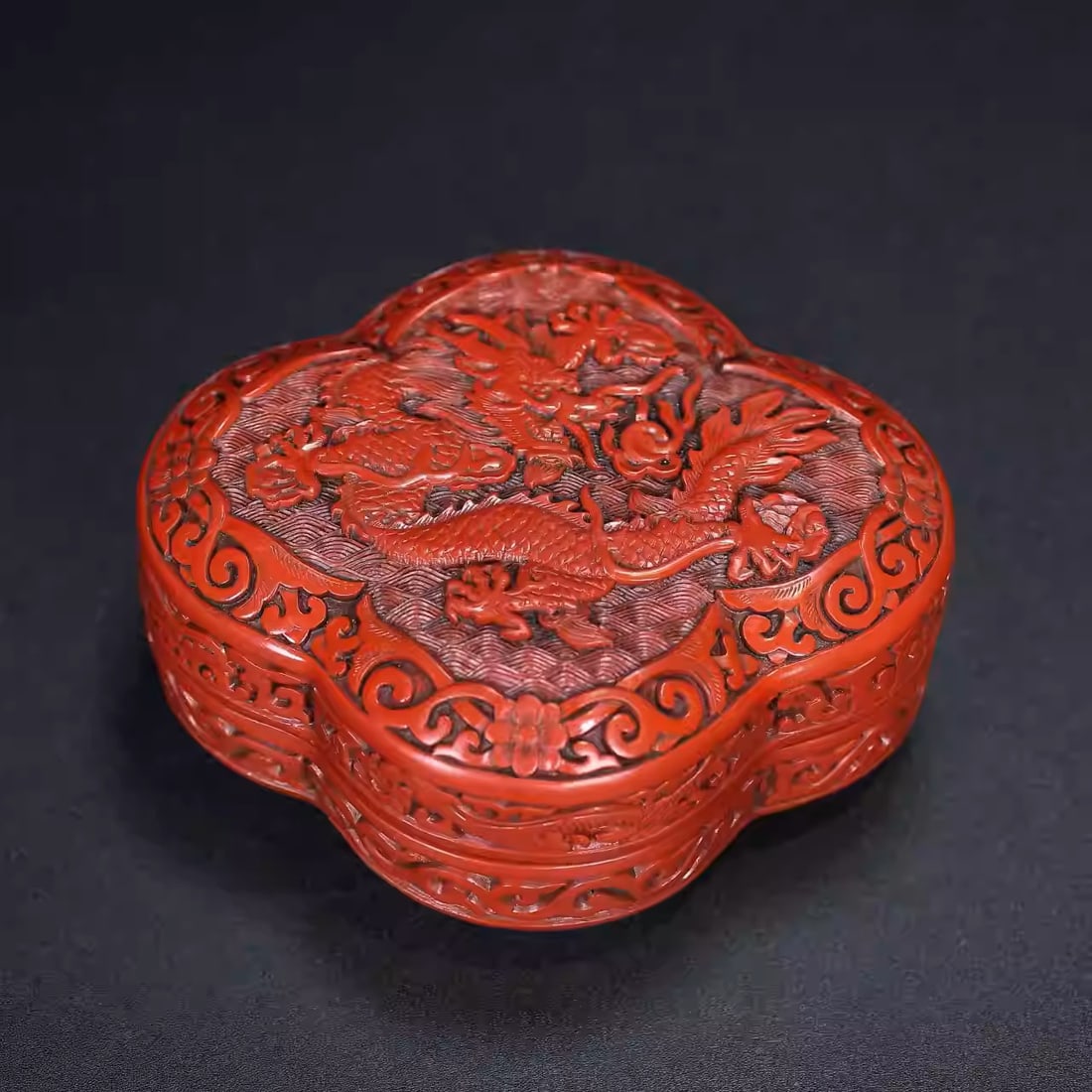 Carved red lacquer box ornament: Dimensions: Length 15cm, Width 13cm, Height 6.5cm