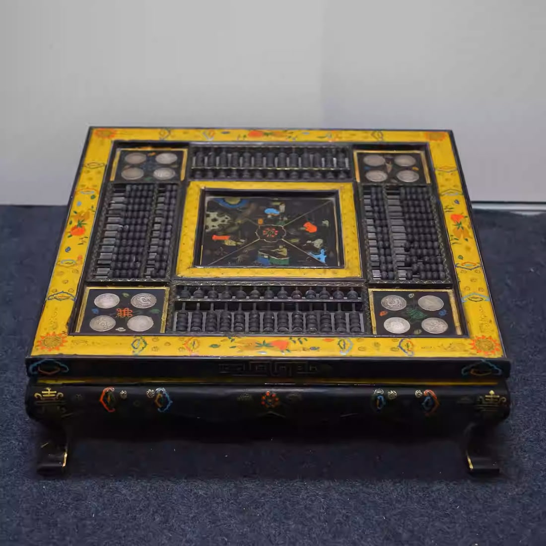 Wooden lacquerware square abacus table with painted figures: Dimensions: Length 72cm, Width 72cm, Height 24cm