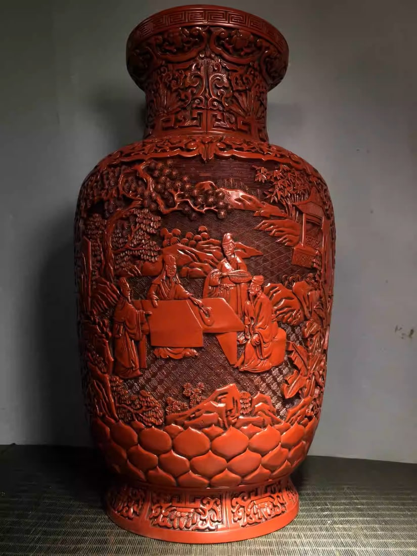 Carved red lacquerware vase ornament: Dimensions: Height 50cm, Width 27cm, Weight: 4600g