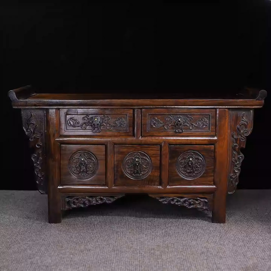 Rosewood five-drawer upturned console table: Dimensions: Length 56.5cm, Width 21cm, Height 30cm