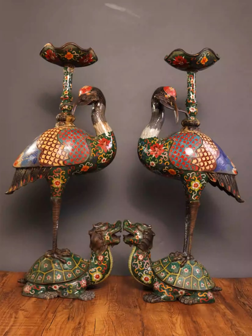 Pure copper cloisonné "Turtle and Crane in Spring" candlestick ornament: Dimensions: Length 30cm, Width 18cm, Height 63cm, Total Weight: 12.5kg