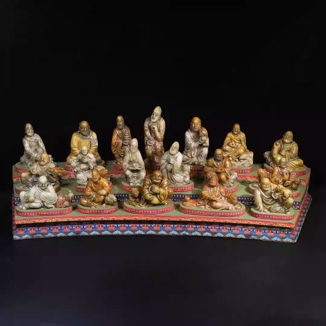 A set of Shoushan stone "Eighteen Arhats" ornaments: Dimensions: 11cm x 9cm + 15cm x 6cm + 8cm x 7cm; Weight: 8434g