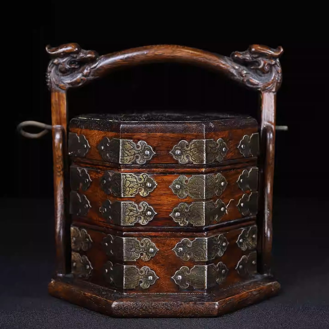 Rosewood multi-layered octagonal carrying box: Dimensions: Length 18.5cm, Width 18cm, Height 19cm