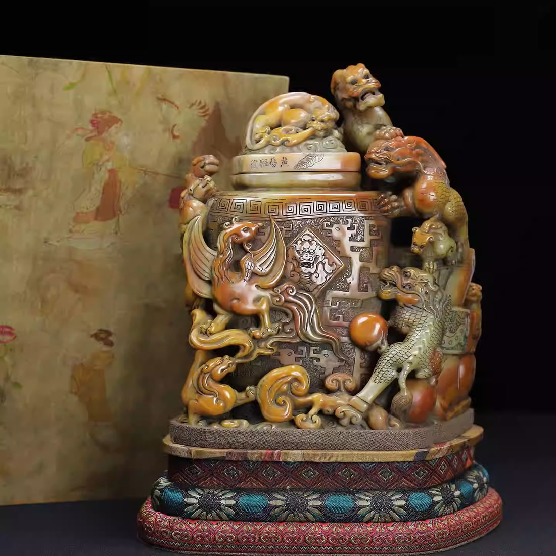 Shoushan stone relief carving of dragon, phoenix and auspicious beast incense burner ornament: Dimensions: Length 19cm, Width 13cm, Height 23cm, Weight: 6610g