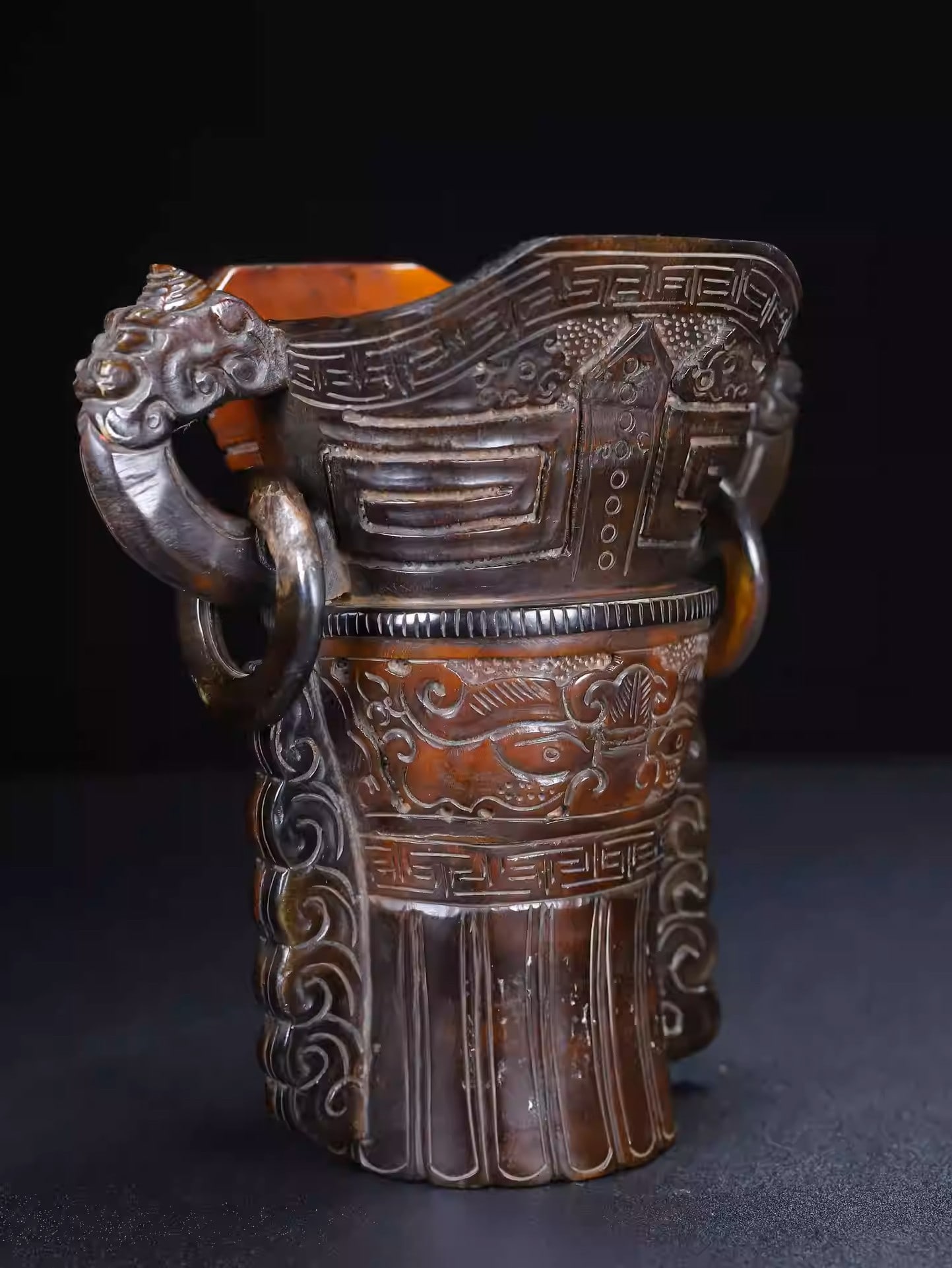 Ox horn carved animal cup ornament: Dimensions: Width 17cm, Height 17.5cm Weight: 700g