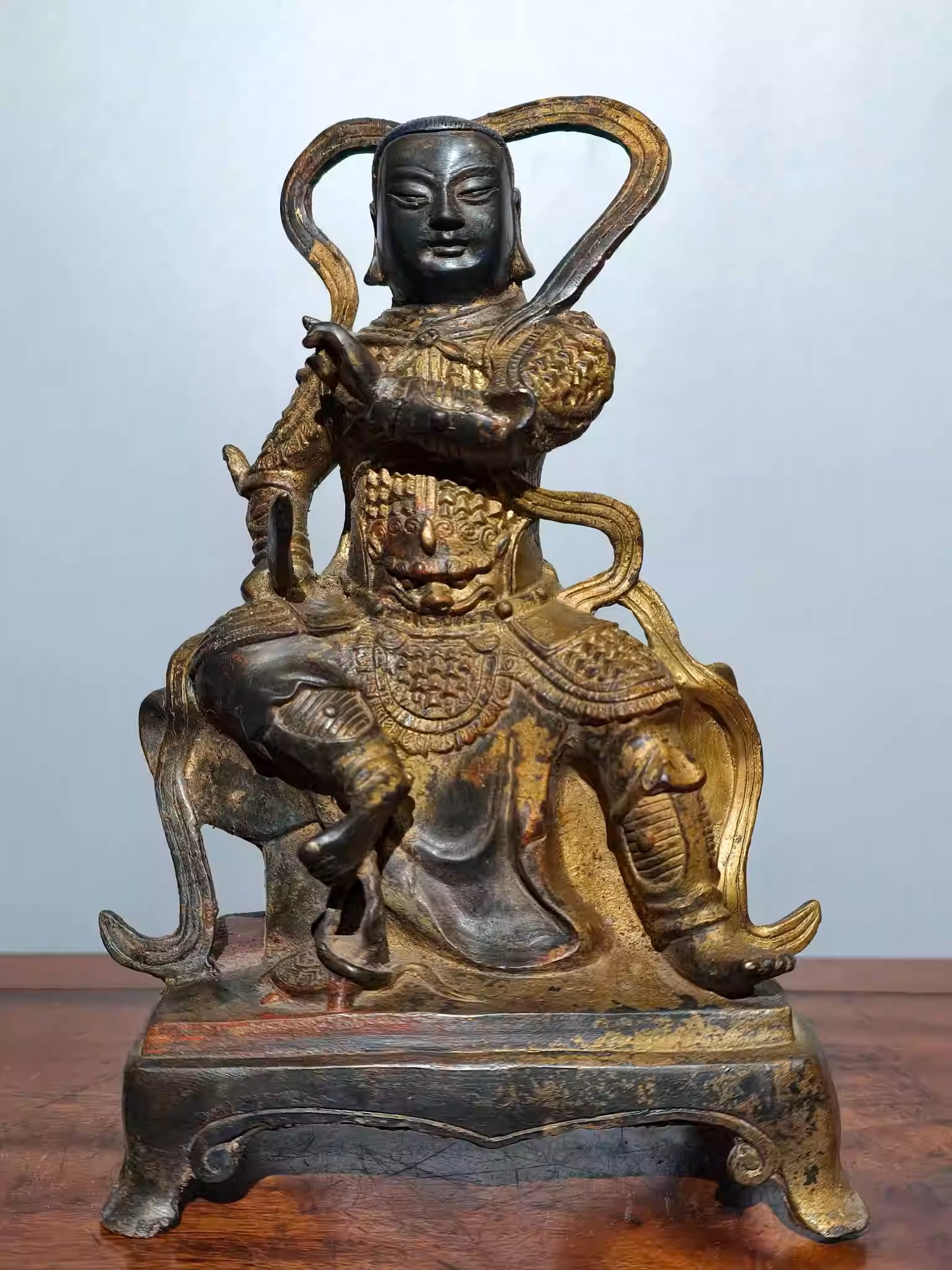 Pure Copper Gold-Painted Xuanwu Emperor: Dimensions: Length 18cm, Width 9.5cm, Height 26cm Weight: 1443g