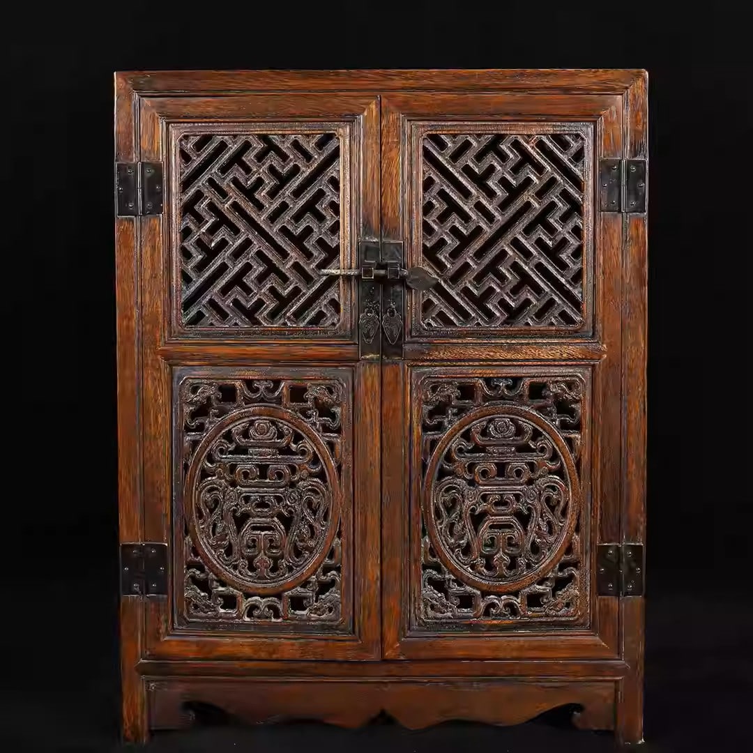 Rosewood openwork carved cabinet with drawers and double doors: Dimensions: Length 40cm, Width 20cm, Height 52cm