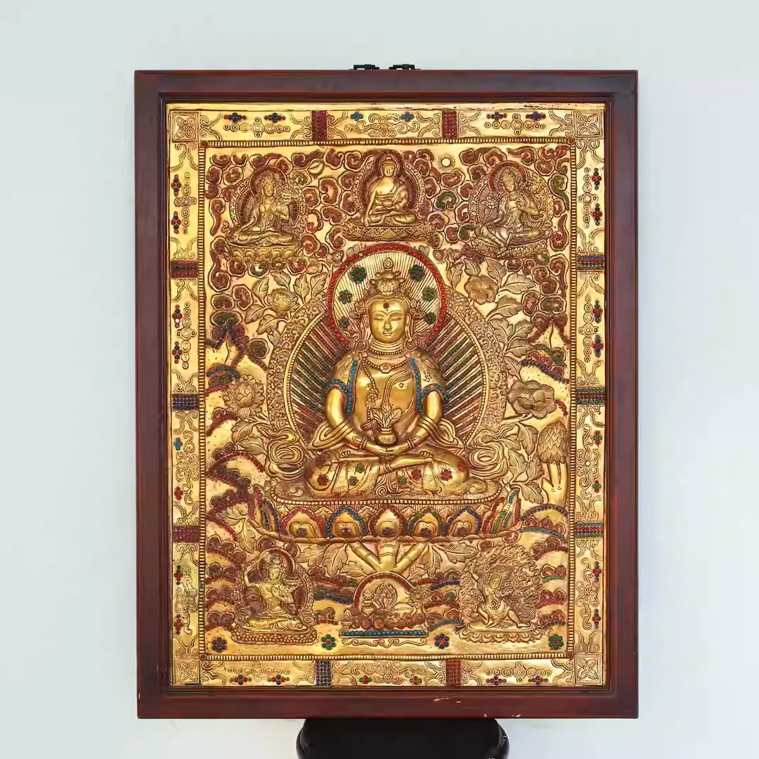 Gilded bronze thangka inlaid with many precious stones, depicting the Buddha of Longevity.: Dimensions: Length 96cm, Width 75cm, Thickness 3.5cm