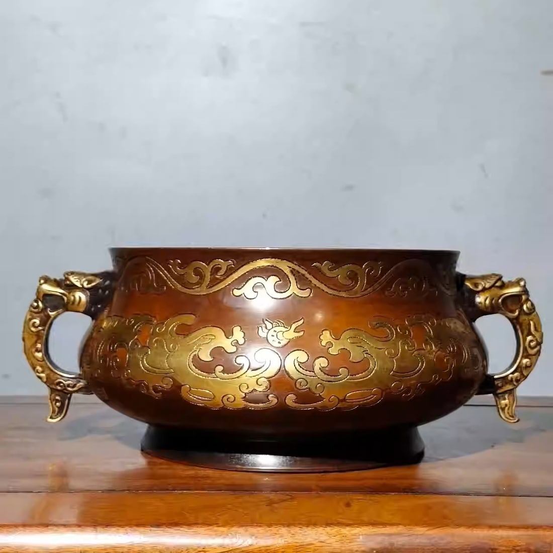 Purple Bronze Xuande Incense Burner with Double Dragons Playing with a Pearl and Double: Dimensions: Length 24cm, Width 19cm, Height 10cm Weight: 3650g