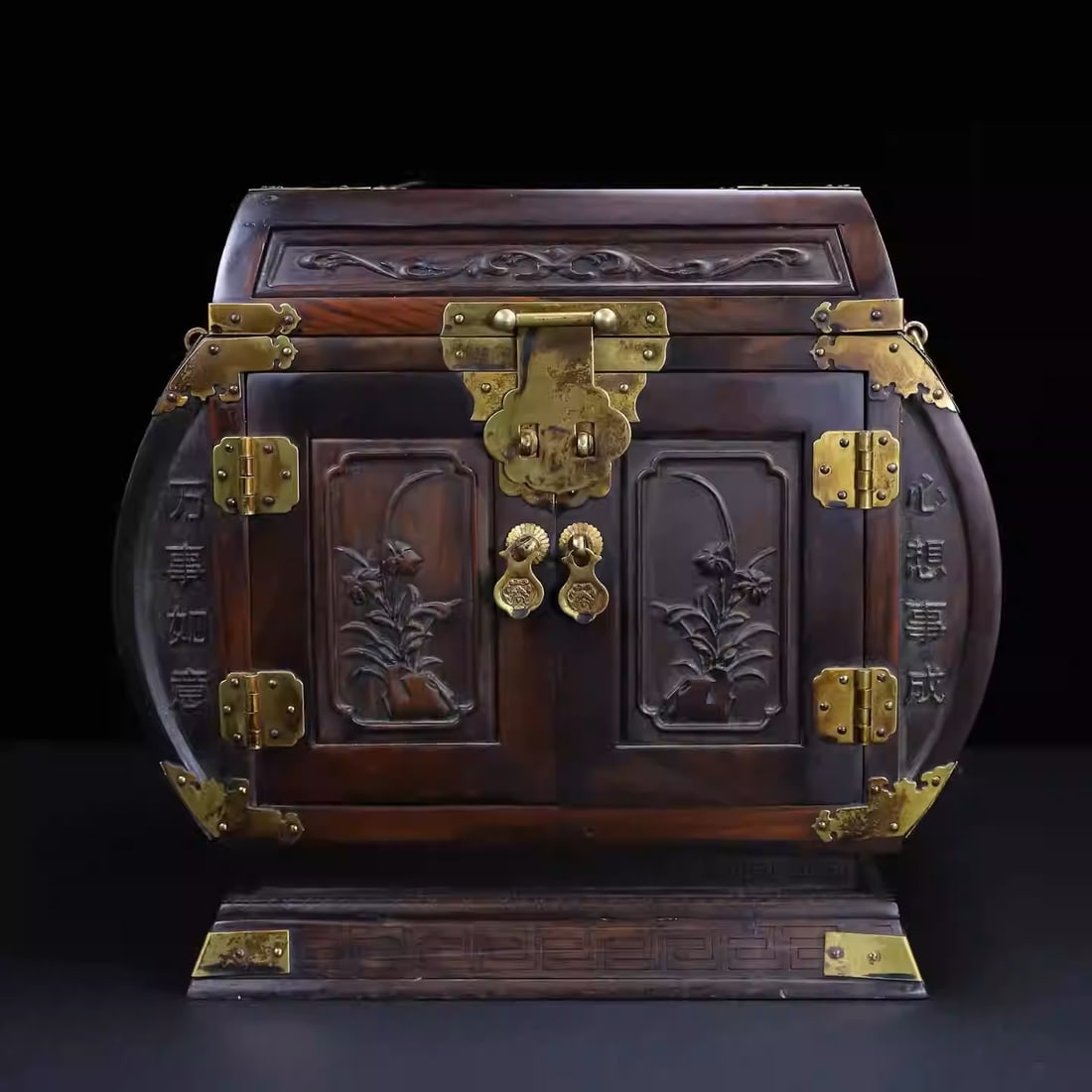 Rosewood treasure chest carved with auspicious symbols of wealth and prosperity: Dimensions: Length 29.5cm, Width 19.5cm, Height 27cm
