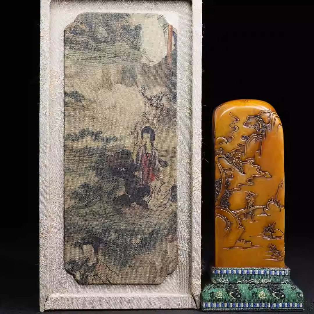 Shoushan stone seal carving of landscapes and figures: Dimensions: Length 4.8cm, Width 4.8cm, Height 12cm Weight: 745g
